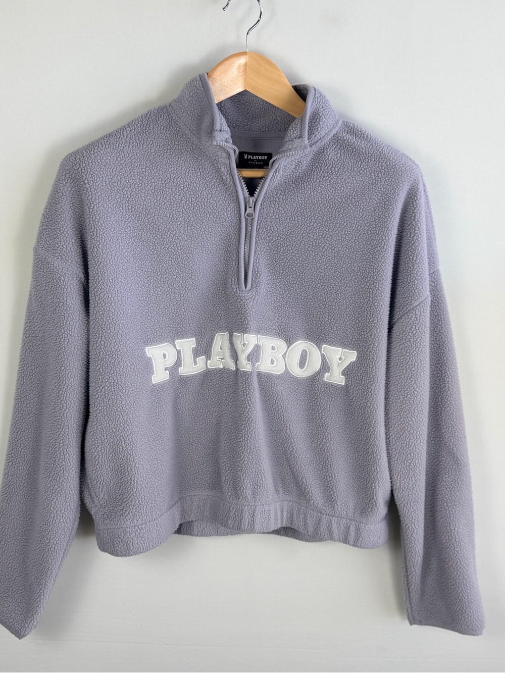 Playboy PacSun Cropped Sherpa Quarter Zip Pullover Gray Lavender Medium Cozy Y2K